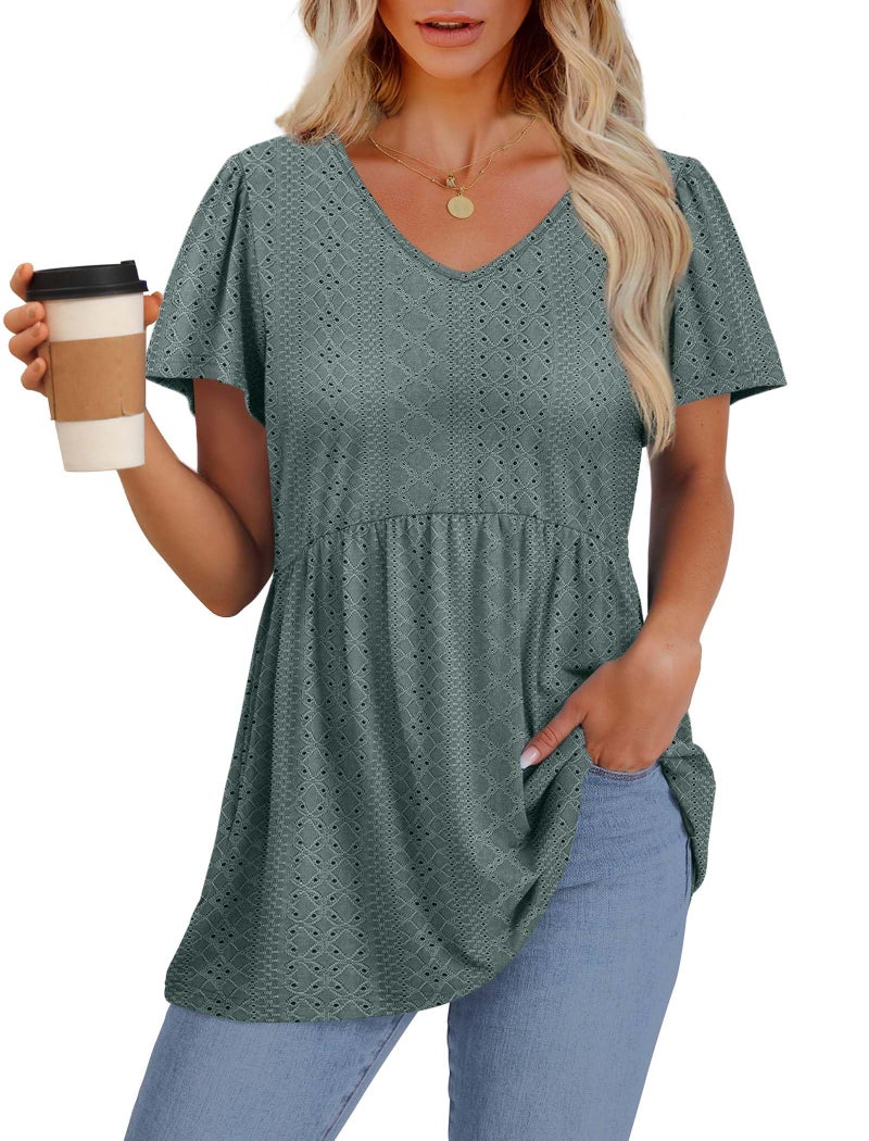 OFEEFAN Plus Size Womens Clothing Loose Fit Dressy Spring Fashion Clothing Beach Vacation Essentials Womens Summer Top Eyelet Peplum Top V Neck T Shirts Gray Green XL - Image 2
