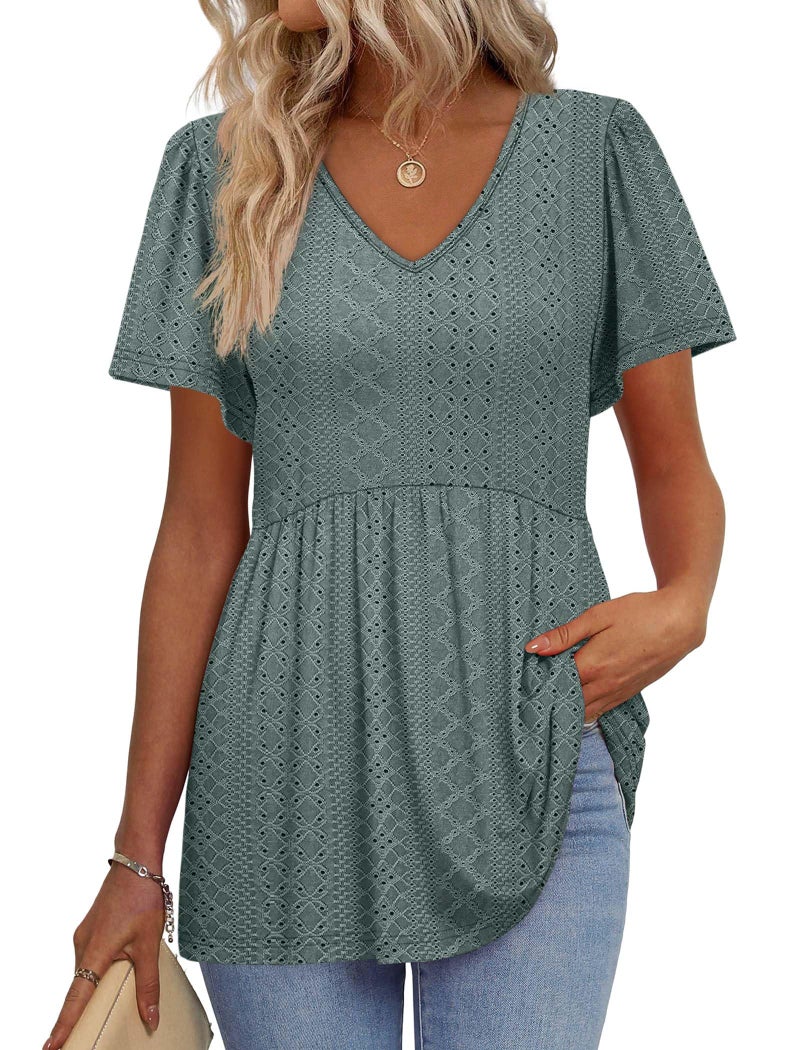 OFEEFAN Plus Size Womens Clothing Loose Fit Dressy Spring Fashion Clothing Beach Vacation Essentials Womens Summer Top Eyelet Peplum Top V Neck T Shirts Gray Green XL - Image 1