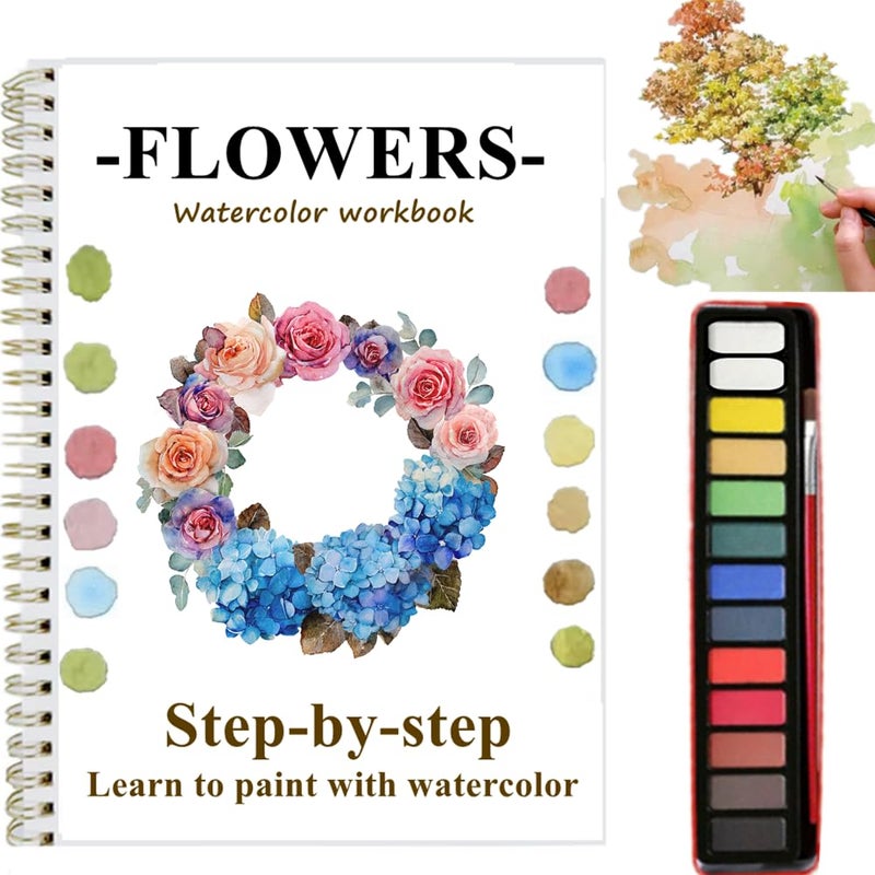Baeleega Watercolor Workbooks Coloring Book Beginner Friendly Painting Kit Easy Nature Scenes Paint Set Art Crafts For Creative Exploration Gift For Adults Teens (Flowers  With Palette) - Image 1