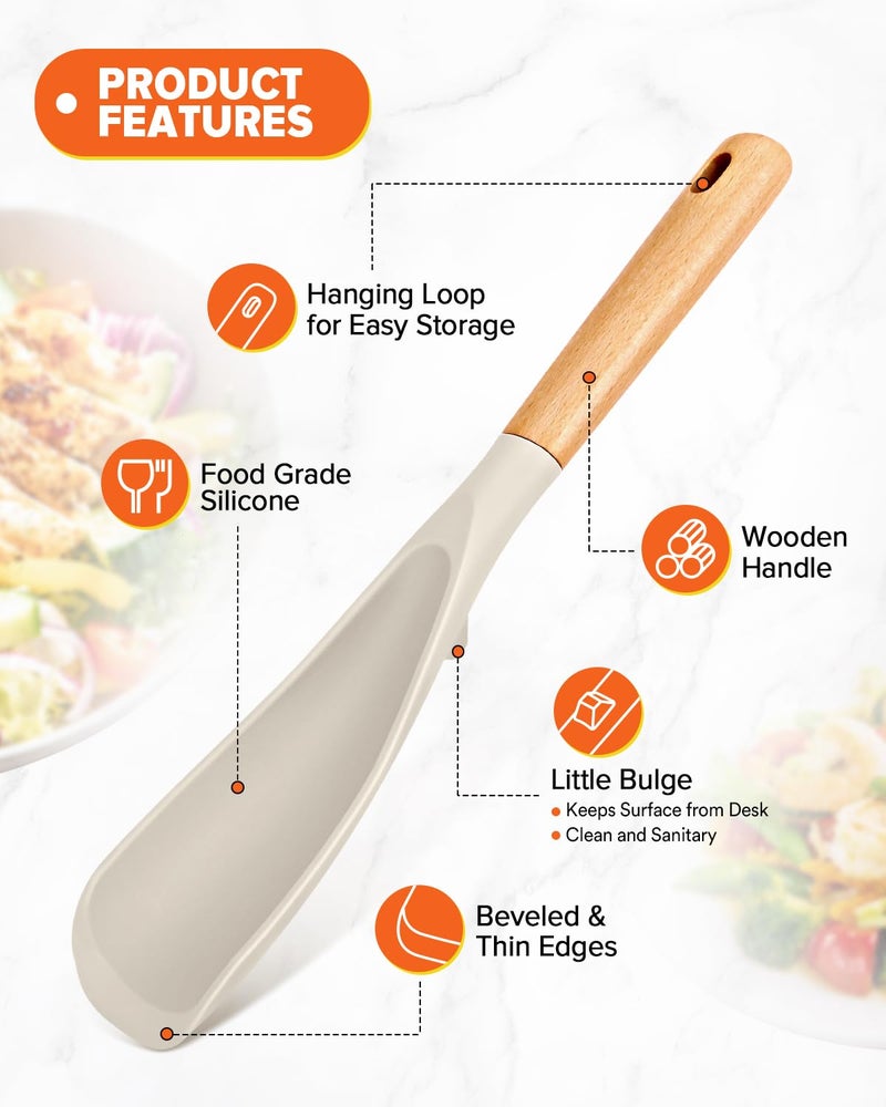 Badiano Cooking Spoon and Scraper for Nonstick Cookwares, Great for Cooking and Serving Durable BPA-Free Matte Silicone, Wood Handle Multifunction Spoon for Mixing, Scoop, and Scrape (KHAKI) - Image 3