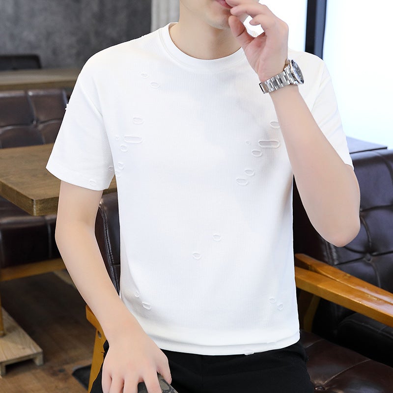 On Behalf Of The Hair Burst Hole New Craft Crew Neck Short Sleeve T-Shirt 2024 Men'S All-Match Short Sleeve T-Shirt Tide - Image 3
