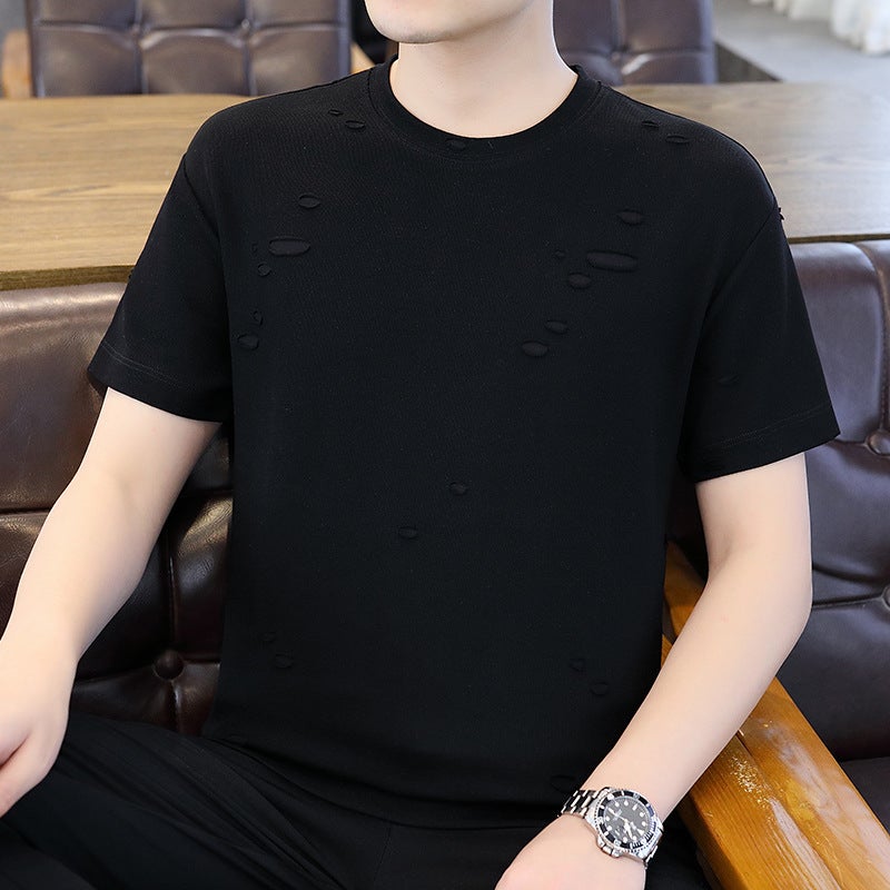 On Behalf Of The Hair Burst Hole New Craft Crew Neck Short Sleeve T-Shirt 2024 Men'S All-Match Short Sleeve T-Shirt Tide - Image 1