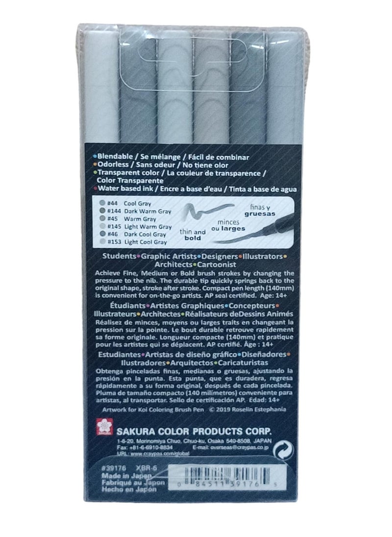 SAKURA - 6-Piece Koi Colouring Brush Pen Grey - Image 1