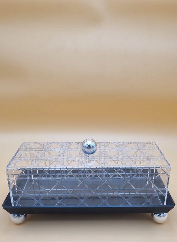 A cake and dessert serving tray with a large rectangular decorative acrylic lid 