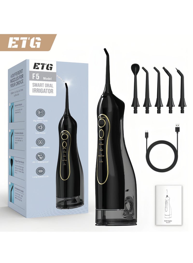 ETG Water Flosser For Teeth Cordless, 300ml Water Tank, 4 Modes, 5 Jet Tips, IPX7 Waterproof, USB Rechargeable 2000mAh Battery, 1200 Pulses/Min - Image 1