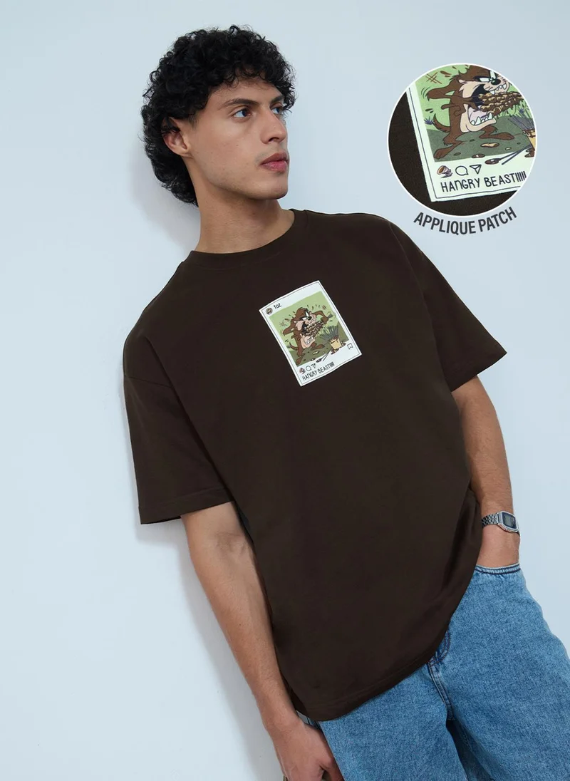 The Souled Store The Souled Store Looney Tunes: Insta Taz Men and Boys Short Sleeves Round Neck Brown Graphic Printed Cotton Oversized T-Shirts