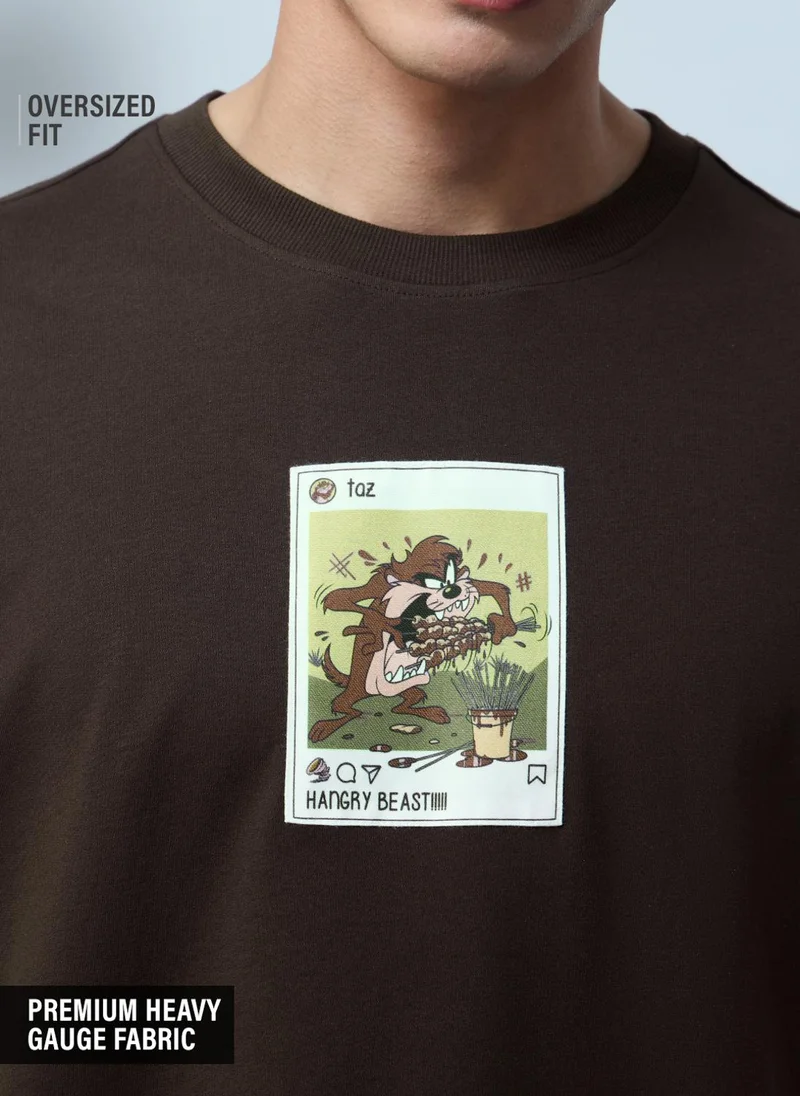 The Souled Store The Souled Store Looney Tunes: Insta Taz Men and Boys Short Sleeves Round Neck Brown Graphic Printed Cotton Oversized T-Shirts