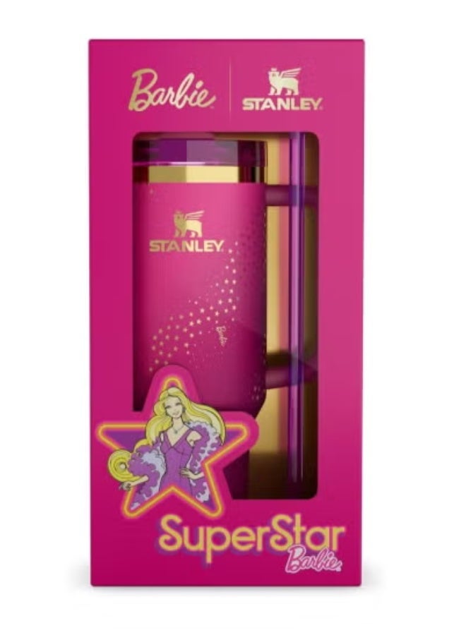 Barbie x Stanley ’70s Superstar Quencher 40 OZ – Limited Edition Pink Stainless Steel Insulated Tumbler with Gold Accents, Leak-Resistant Lid, Reusable BPA-Free Straw & Easy-Carry Handle – Double-Wall Vacuum Travel Mug – Keeps Drinks Cold for 11 Hours or Hot for 7 Hours – Eco-Friendly, Durable & Stylish – Gift-Ready Packaging – Perfect for Travel, Gym, Office & Gifting