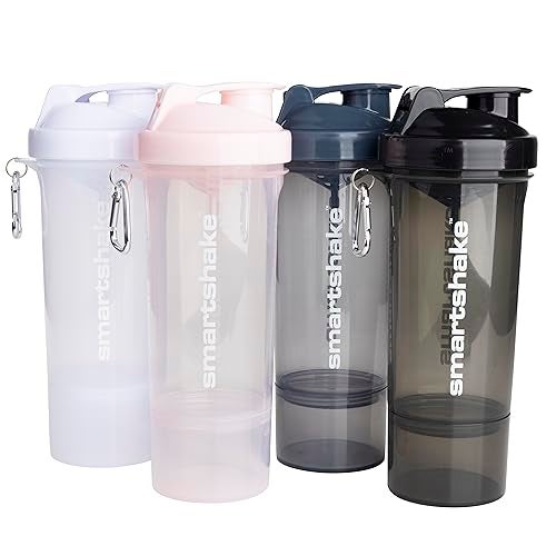 Smartshake Slim 4-Pack Protein Shaker Bottle 400 ml | 13.5 oz – Storage Included - Leakproof Screw-on Lid - BPA Free – Unisex - Black, White, Stormy Gray, Cotton pink - Image 1