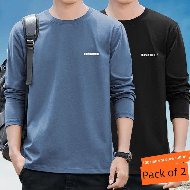 100% pure cotton long-sleeved men's spring and autumn thin casual sports versatile trendy plus-size top cotton round-neck base shirt - Image 3