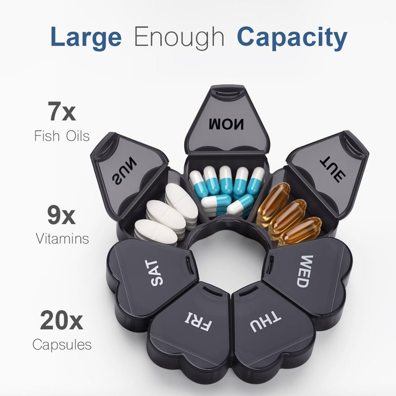 KAPENS Large Weekly Pill Organizer, Pill Box 7 Day, Large Capacity Compartments Pill Containers Flower Portable Box Case for Pills Vitamin Fish Oil Medicine Supplements Organizer (Black) - Image 2