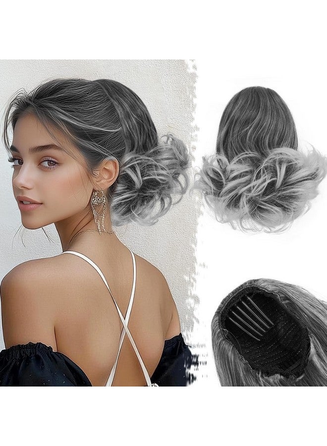 بارسدار وصلات شعر ذيل الحصان برباط من بارسدار - وصلات شعر ذيل حصان مموجة قصيرة بطول 25.4 سم للنساء - وصلات شعر ذيل حصان صناعية بمشط ومشابك شعر وذيل حصان مملح وفلفل - أطراف رمادية داكنة وبيضاء - Image 1