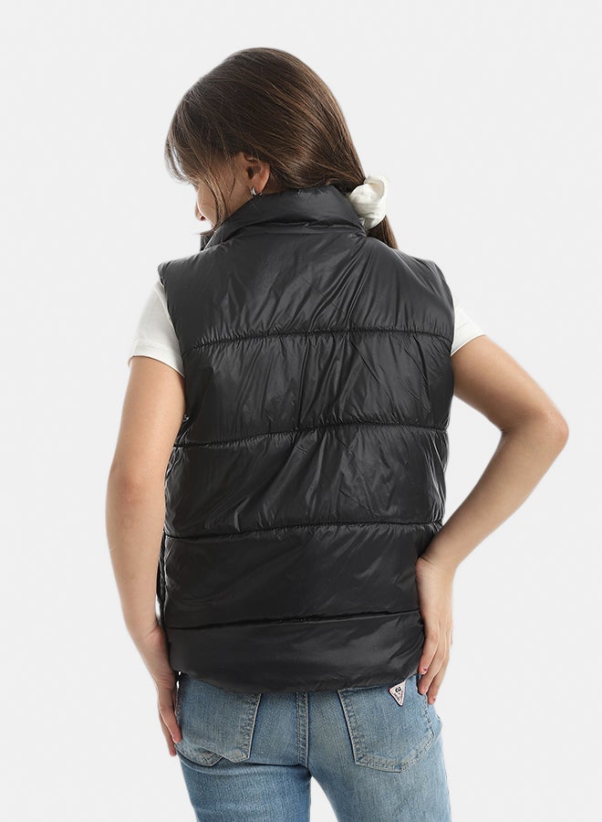 High Collar With Zipper Closure Cut Sleeves Vest _ Black