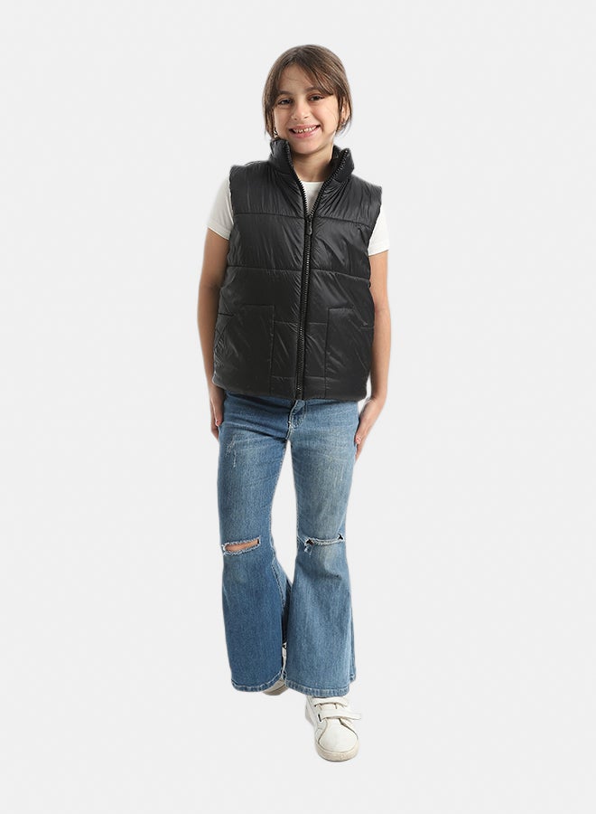 High Collar With Zipper Closure Cut Sleeves Vest _ Black
