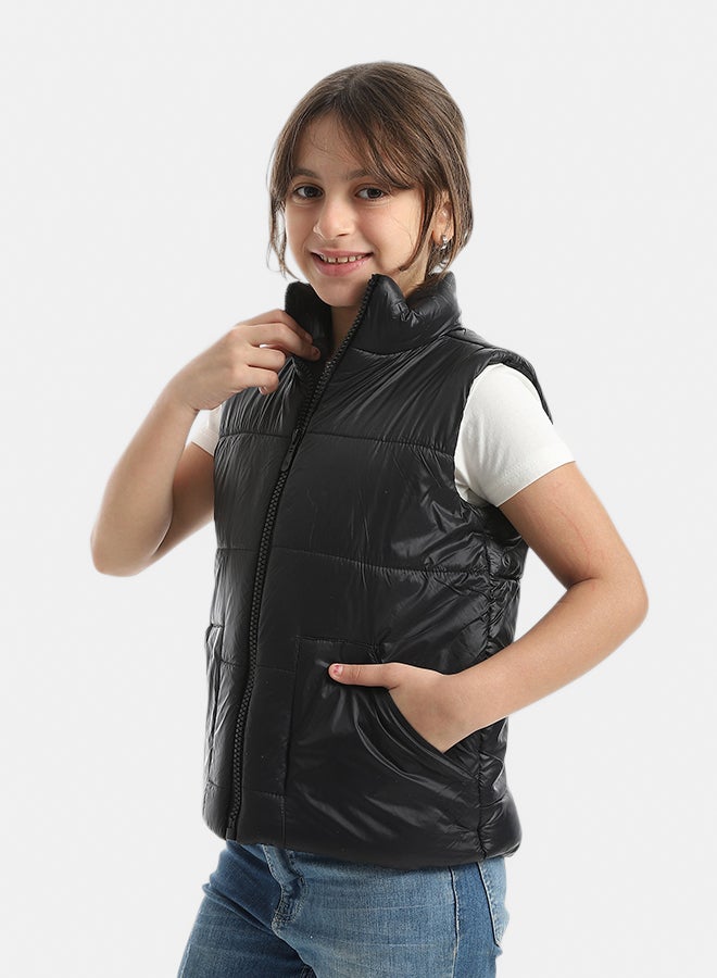 High Collar With Zipper Closure Cut Sleeves Vest _ Black