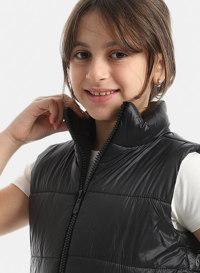 High Collar With Zipper Closure Cut Sleeves Vest _ Black