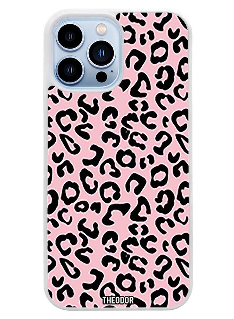 Theodor Protective Case Cover For APPLE IPHONE 14 Pro Pink Cheetah skin (White Bumper) - Image 1
