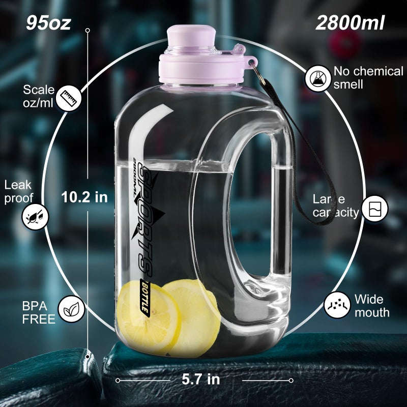 Doseno Half Gallon Water Bottle  95 OZ/ 2.8 L  BPA Free  Modern  Sports  Gym  Outdoor  Purple  Plastic  Oval  Straw  Portable Handle  5.31"" W x 10.62"" H - Image 4