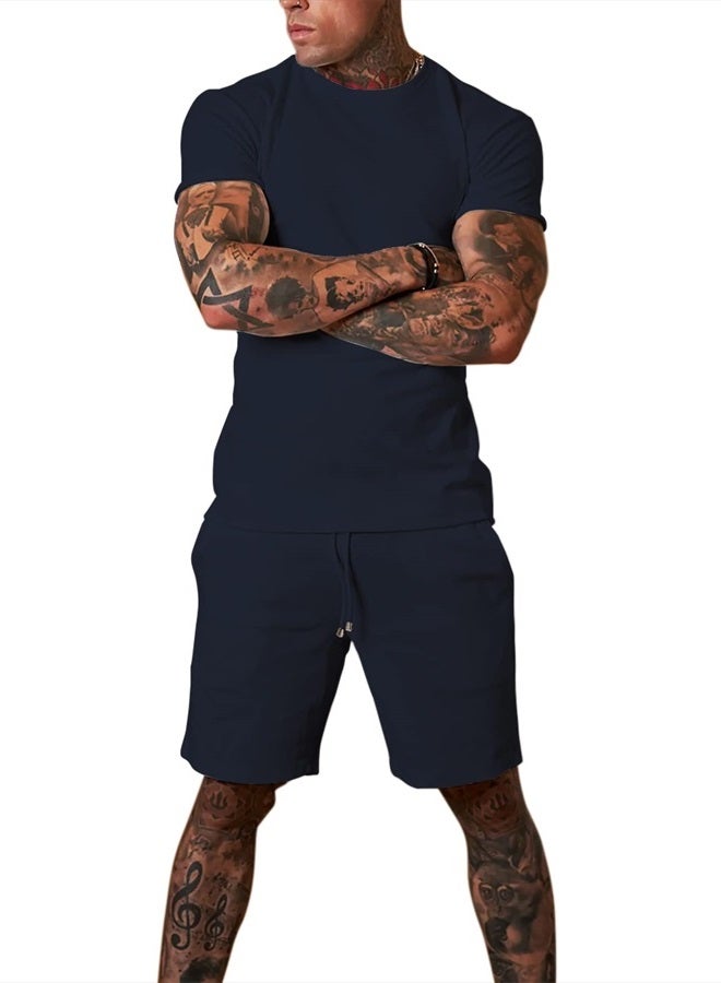 Redqenting Mens 8" Casual Sweat Shorts with Pockets,Drawstring Athletic Shorts Waffle Lounge Summer Shorts (Size28~40) Navy  - Image 2