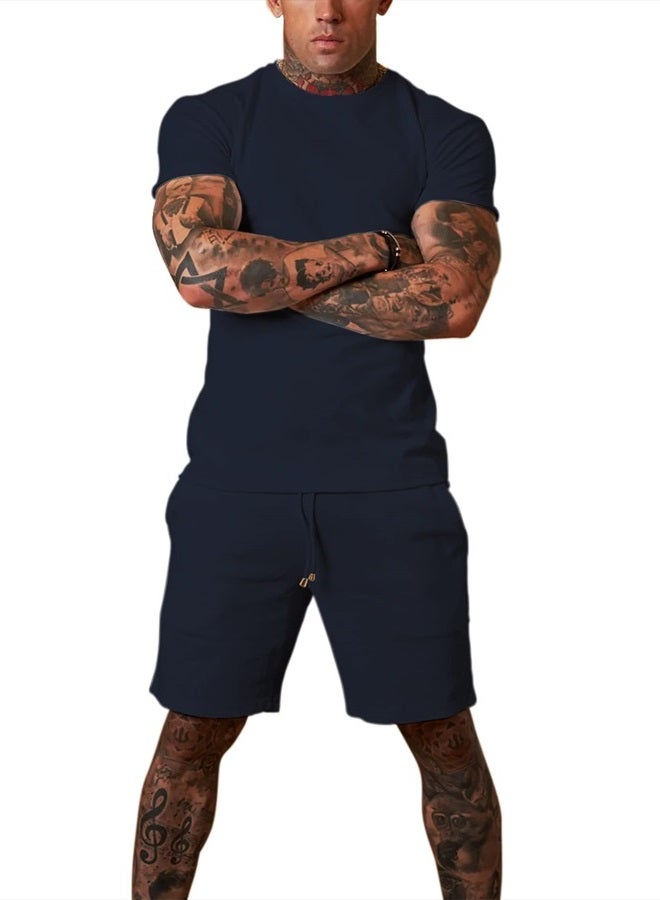 Redqenting Mens 8" Casual Sweat Shorts with Pockets,Drawstring Athletic Shorts Waffle Lounge Summer Shorts (Size28~40) Navy  - Image 4