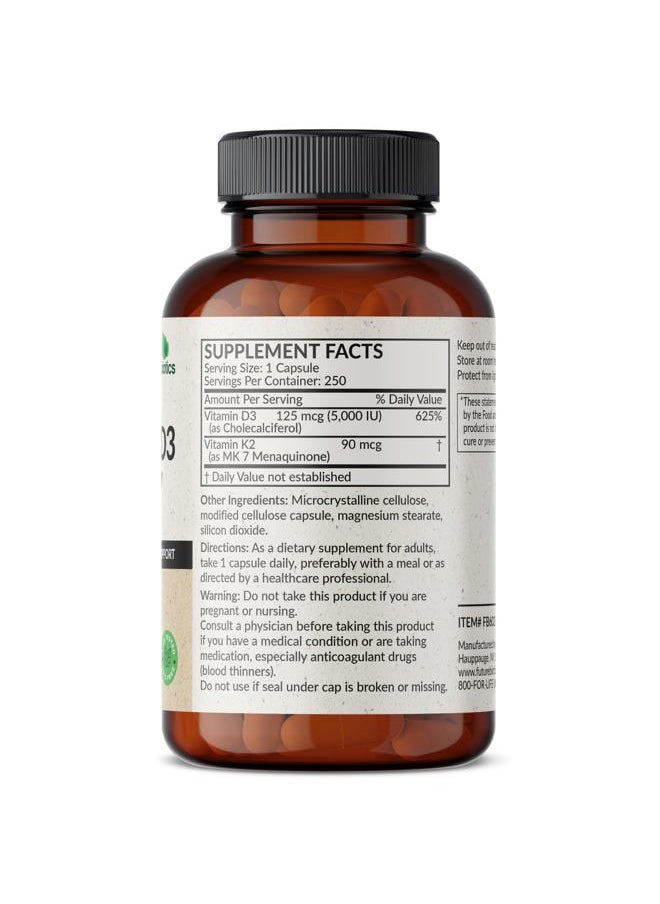 Futurebiotics - Vitamin K2 (MK7) with D3 Supplement - Non-GMO Formula - 5000 IU Vitamin D3 & 90 mcg Vitamin K2 MK-7, 250 Vegetarian Capsules - Image 1