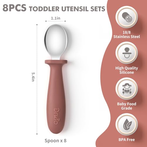 DRKIO 8 PCS Toddler Spoons Set - Baby Spoons with Silicone Handle Children safe 18/8 Stainless Steel Toddler Utensils Set for Self Feeding Kids Silverware Anti-Choke Design Food Grade Dishwasher Safe - Image 2