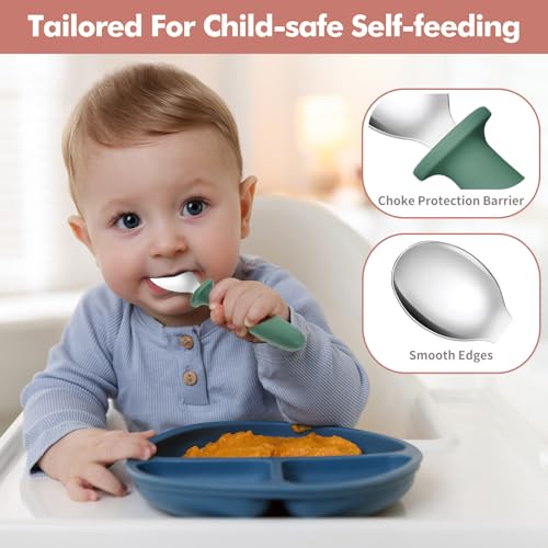 DRKIO 8 PCS Toddler Spoons Set - Baby Spoons with Silicone Handle Children safe 18/8 Stainless Steel Toddler Utensils Set for Self Feeding Kids Silverware Anti-Choke Design Food Grade Dishwasher Safe - Image 3