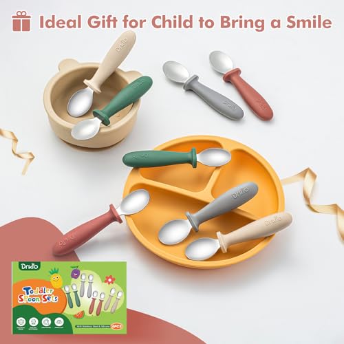 DRKIO 8 PCS Toddler Spoons Set - Baby Spoons with Silicone Handle Children safe 18/8 Stainless Steel Toddler Utensils Set for Self Feeding Kids Silverware Anti-Choke Design Food Grade Dishwasher Safe - Image 5