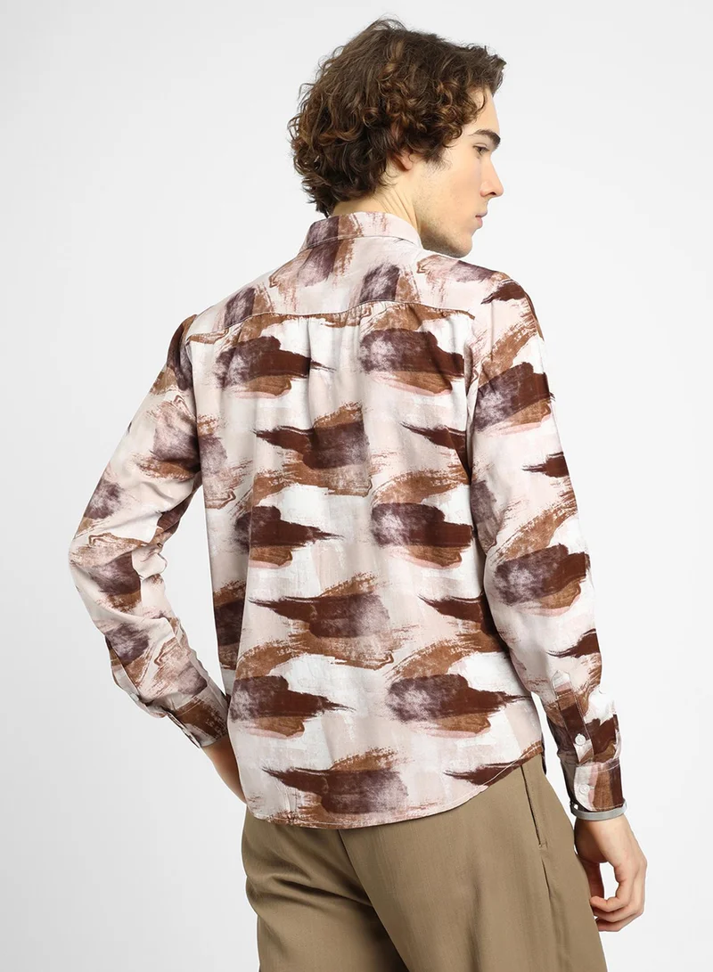 Campus Sutra Men's Mocha Brown & Desert Sand Brush Strokes Shirt