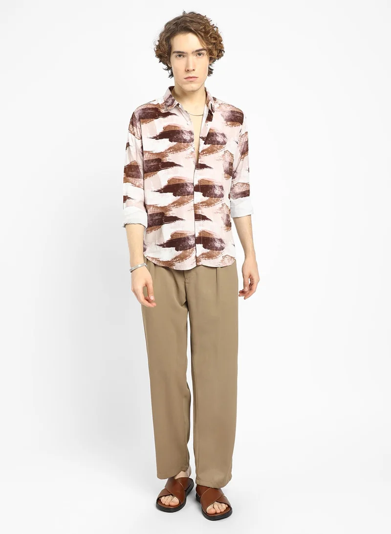 Campus Sutra Men's Mocha Brown & Desert Sand Brush Strokes Shirt