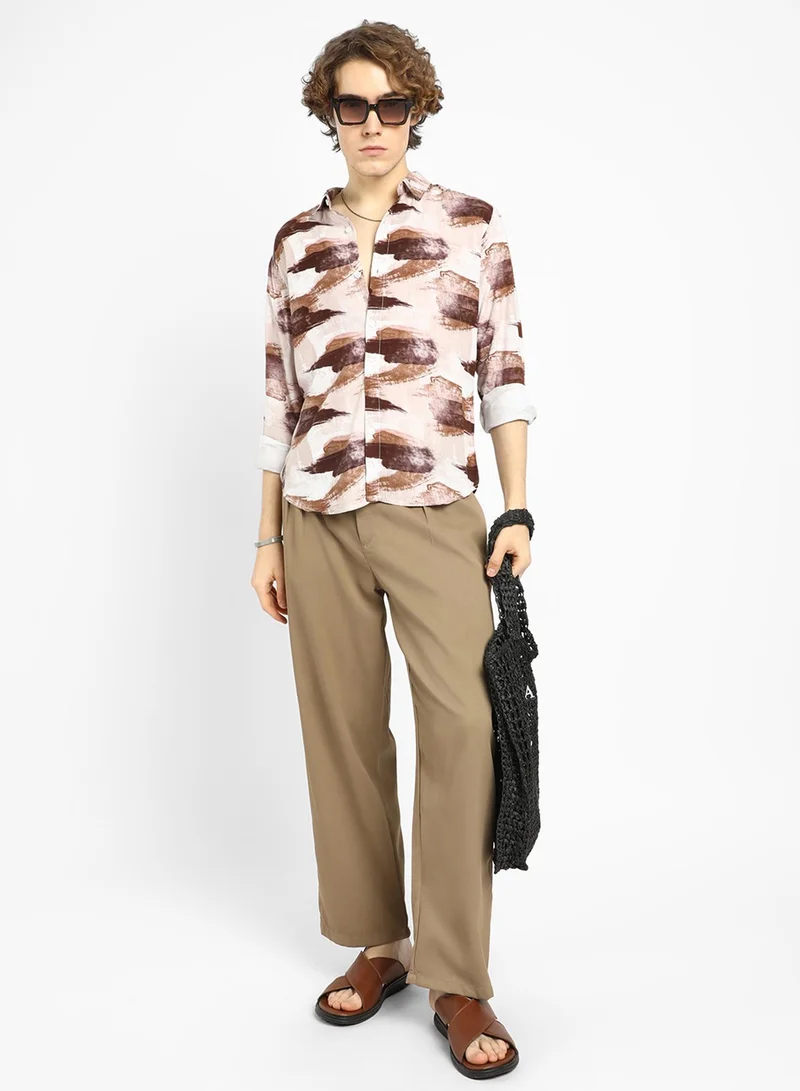Campus Sutra Men's Mocha Brown & Desert Sand Brush Strokes Shirt