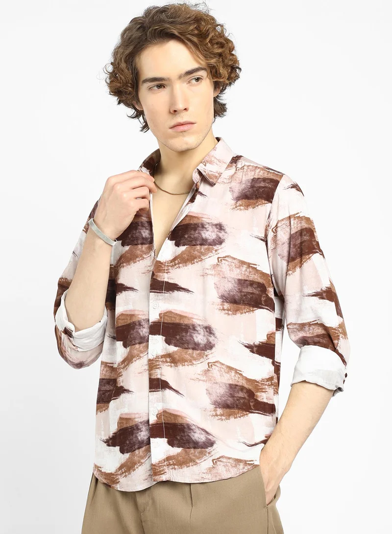 Campus Sutra Men's Mocha Brown & Desert Sand Brush Strokes Shirt