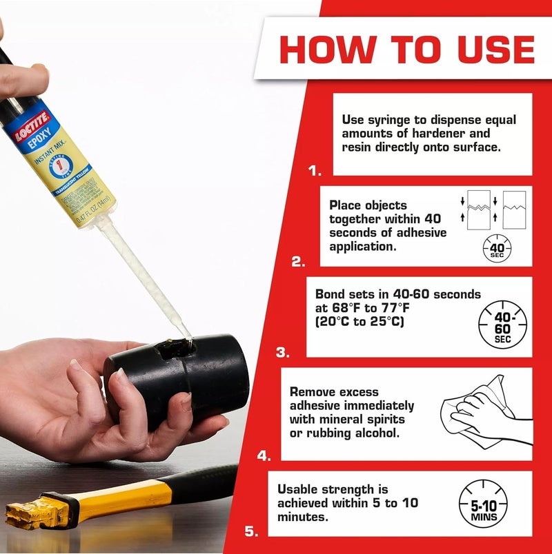 لوكتيت لاصق لوكتايت إيبوكسي سريع الخلط 14 مل – تثبيت خلال دقيقة واحدة غراء قوي للمعادن والخشب والسيراميك والزجاج والبلاستيك | حقنة مزدوجة ذاتية الخلط للاستخدام العام - Image 3