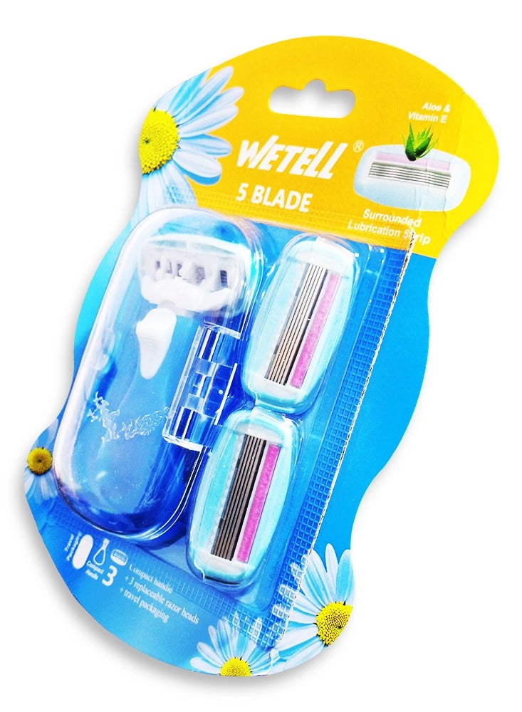 WETELL Mini Women’s 5 Blade Razor with 360° Lubrication Strip & Aloe Vera , Adjustable Shaving Head, Compact Non-Slip Handle, Includes 3 Interchangeable Heads for Smooth, Gentle & Comfortable Shaving Anywhere - Image 3