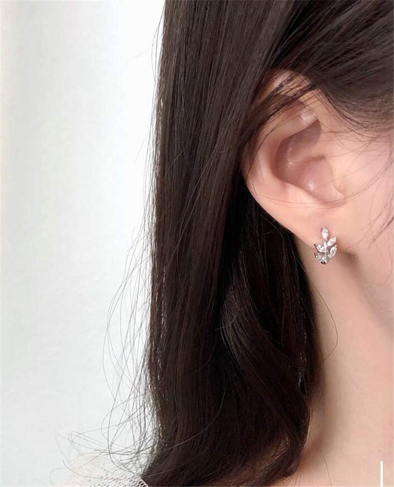 Dtja CZ Leaf Cartilage Huggie Small Hoop Earrings for Women Girls 925 Sterling Silver Cubic Zirconia Cluster Leaves Round Studs Tragus Pierced Ear Endless Hoops 8mm Dainty Gifts (Silvery) - Image 3