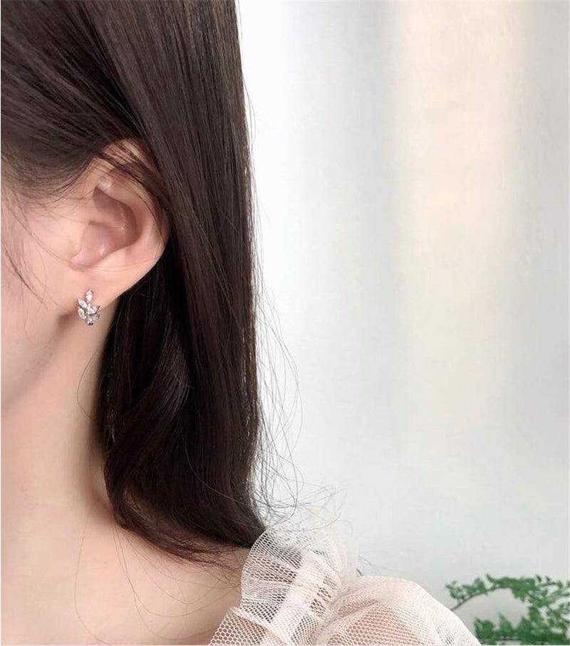 Dtja CZ Leaf Cartilage Huggie Small Hoop Earrings for Women Girls 925 Sterling Silver Cubic Zirconia Cluster Leaves Round Studs Tragus Pierced Ear Endless Hoops 8mm Dainty Gifts (Silvery) - Image 4