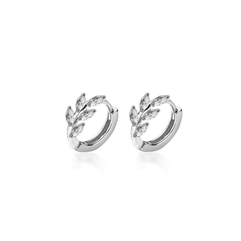 Dtja CZ Leaf Cartilage Huggie Small Hoop Earrings for Women Girls 925 Sterling Silver Cubic Zirconia Cluster Leaves Round Studs Tragus Pierced Ear Endless Hoops 8mm Dainty Gifts (Silvery) - Image 1