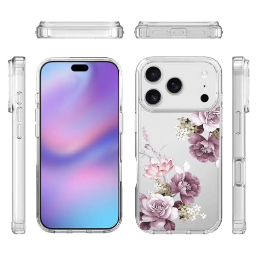 Elzzi Clear Transparent Flower Cover for iPhone 17 Pro Max Case Shockproof Floral Design Full Camera Protection Shockproof PC+TPU Transparent Cover for Girls & Women (Deep Purple) - Image 5