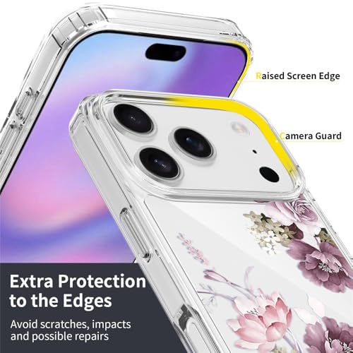 Elzzi Clear Transparent Flower Cover for iPhone 17 Pro Max Case Shockproof Floral Design Full Camera Protection Shockproof PC+TPU Transparent Cover for Girls & Women (Deep Purple) - Image 4