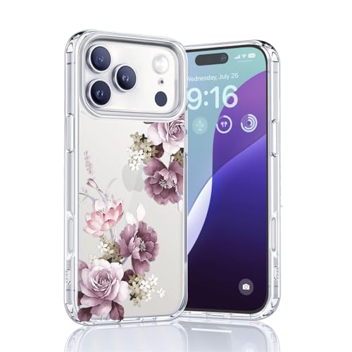 Elzzi Clear Transparent Flower Cover for iPhone 17 Pro Max Case Shockproof Floral Design Full Camera Protection Shockproof PC+TPU Transparent Cover for Girls & Women (Deep Purple) - Image 2