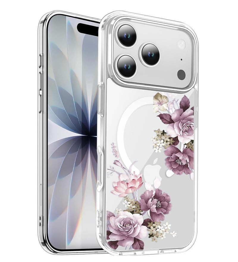 Elzzi Clear Transparent Flower Cover for iPhone 17 Pro Max Case Shockproof Floral Design Full Camera Protection Shockproof PC+TPU Transparent Cover for Girls & Women (Deep Purple) - Image 1