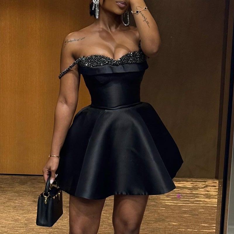 European and American womens clothing 2024 autumn new elegant sequin stitching tube strap dress skirt Black
