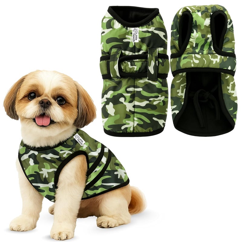 LITTLE NEEDS Dog Winter Jacket (Army Print, 16 Inch) for Small Dogs | Camouflage Design, Waterproof & Windproof Polyester Coat with Fleece, Adjustable Velcro Closure, Warm Vest for Cold Weather - Image 1