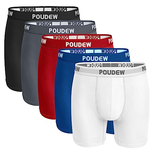 POUDEW Men's Breathable Viscose Moisture Wicking No Roll Waistband Tagless Underwear Boxer Briefs, Pack of 5 (Large, Black/Grey/Red/Blue/White) - Image 1