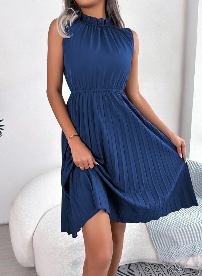 Take Two Blue Ruffle Neck Pleated Knee Length Dress