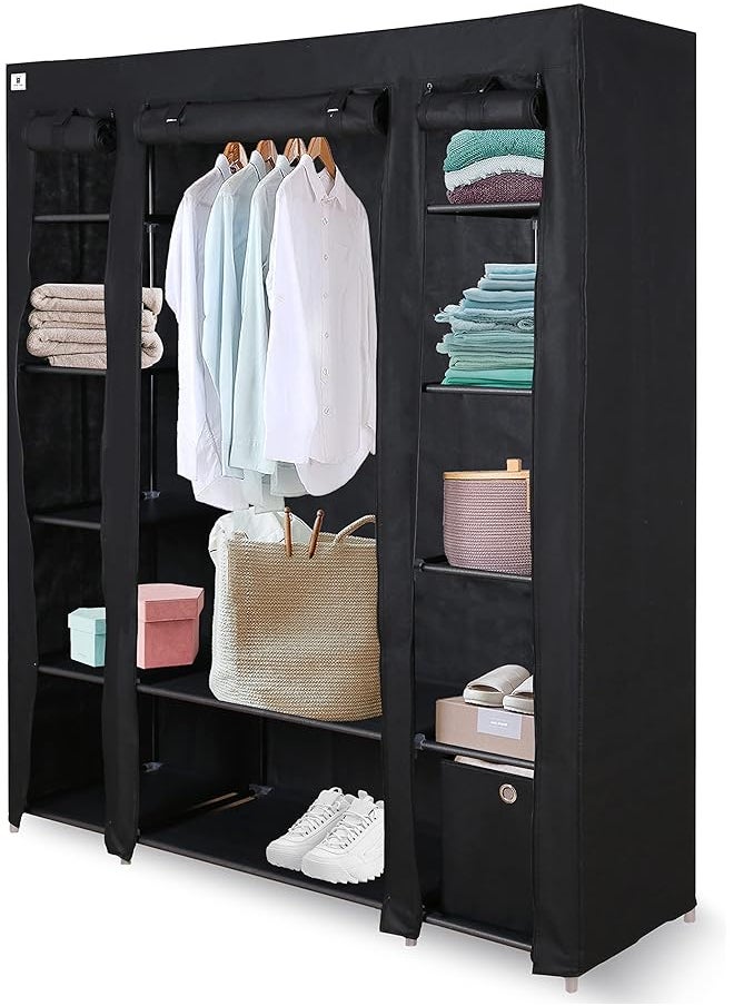 Canvas Portable Large Free Standing Wardrobe Shelving Clothes Storage With Hanging Rail And Cubic Drawer 1Pc Included L 150Cm X W 45Cm X H 175Cm Black