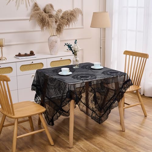 Raedan Black Floral Embroidered Lace Square Tablecloth 55”x55” Vintage Table Cover (Black, 55”x55”, Square) - Image 2