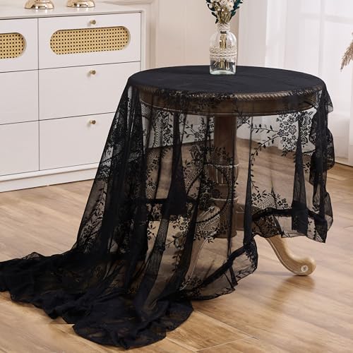 Raedan Black Floral Embroidered Lace Square Tablecloth 55”x55” Vintage Table Cover (Black, 55”x55”, Square) - Image 5
