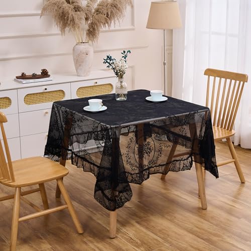 Raedan Black Floral Embroidered Lace Square Tablecloth 55”x55” Vintage Table Cover (Black, 55”x55”, Square) - Image 3