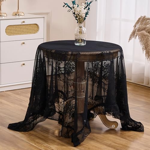 Raedan Black Floral Embroidered Lace Square Tablecloth 55”x55” Vintage Table Cover (Black, 55”x55”, Square) - Image 1